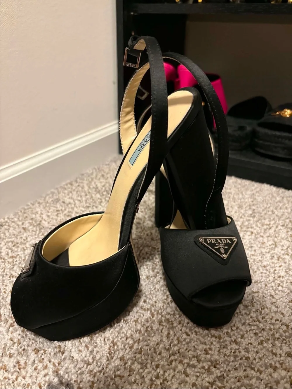 Prada Black Satin Platform Slingback Peep-Toe Heels